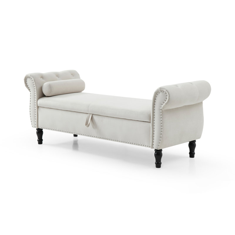Aijia 63" Velvet Multifunctional Storage Rectangular Sofa Stool Buttons Tufted Nailhead Trimmed Solid Wood Legs With 1 Pillow