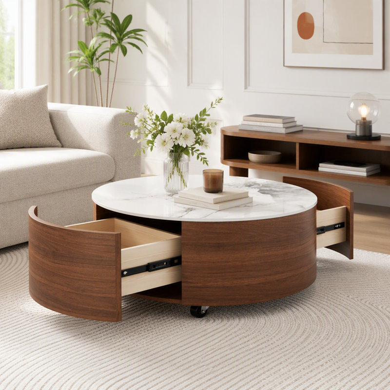 Table basse ronde moderne sur roulettes avec plateau imitation marbre, Noyer