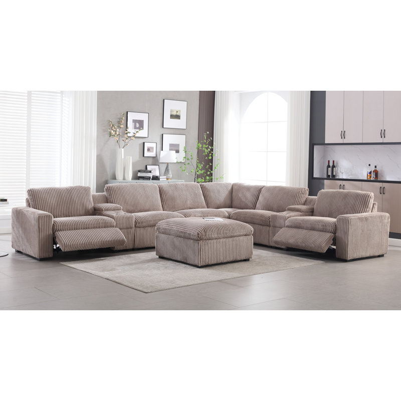 9 Piece Modern Corduroy L Shaped Power Reclining Sectional Couch with Storage & Wireless Charging, Mushroom Taupe Corduroy