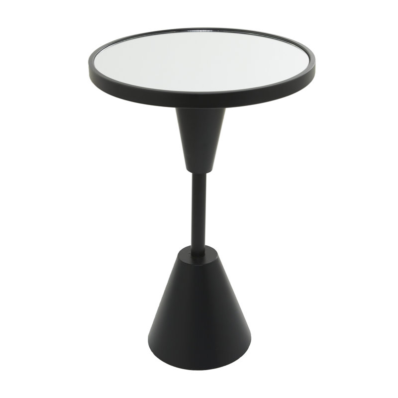 Metal Pedestal Base Side End Accent Table with Mirrored Glass Top, Black Top/Black Base