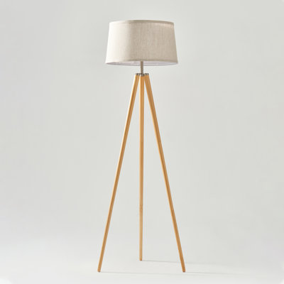 Emma 61" Mid-Century Modern LED Floor Lamp with White Fabric Drum Shade and Warm Wood Tripod Base, Bulb Included