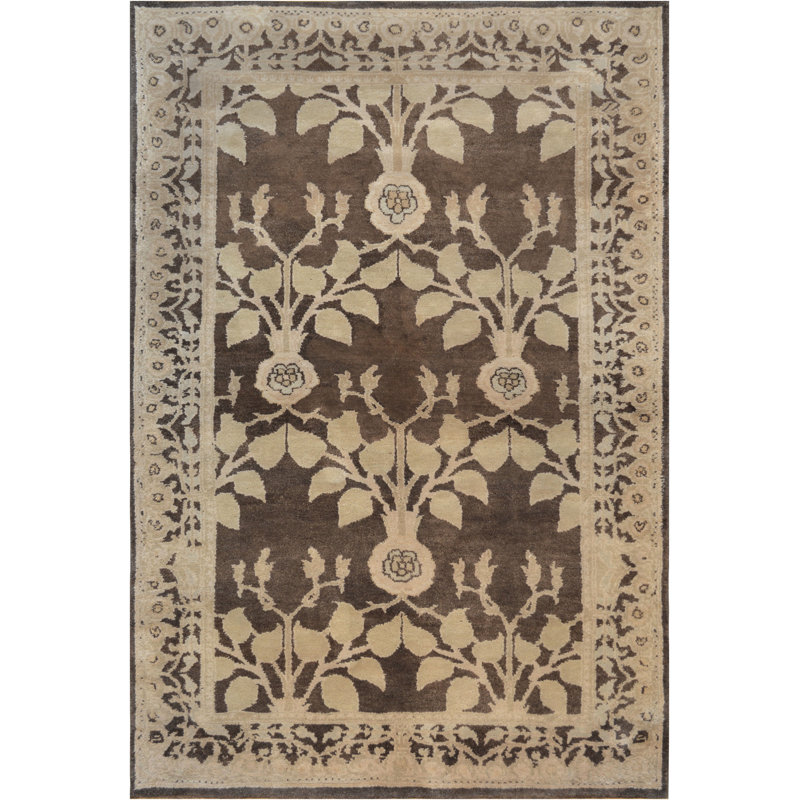 Tapis beige / brun / ivoire unique noué à la main 6 pi x 9 pi 11 po Voysey Voysey