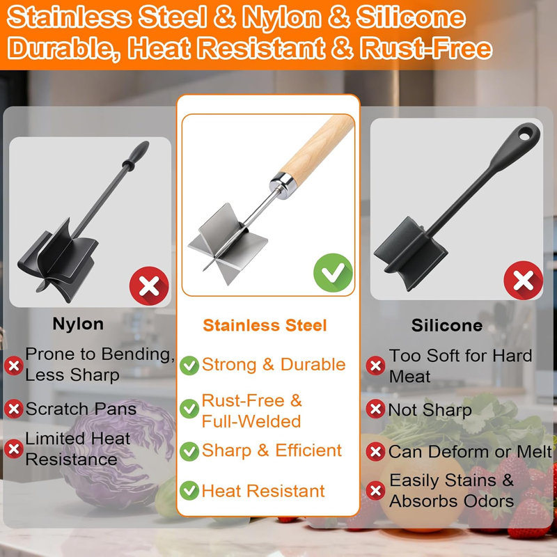 Stainless Steel Meat Chopper, 6 Curved Blades, 11 Inch Ground Beef Masher & Hamburger Smasher, Multi-Purpose Kitchen Tool
