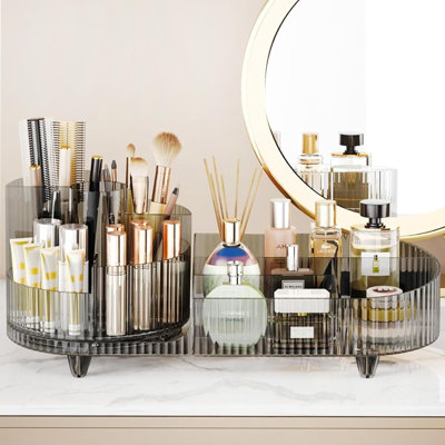 Organisateur de maquillage rotatif à 360 ° avec porte-pinceau, grand espace de rangement pour cosmétiques pour coiffeuse, vitrine de parfum et de lotions de comptoir, organisateur de maquillage transparent