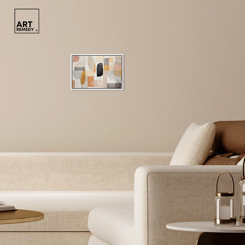 Eleanada Beige and White Abstract Canvas Wall Art with White Floater Frame