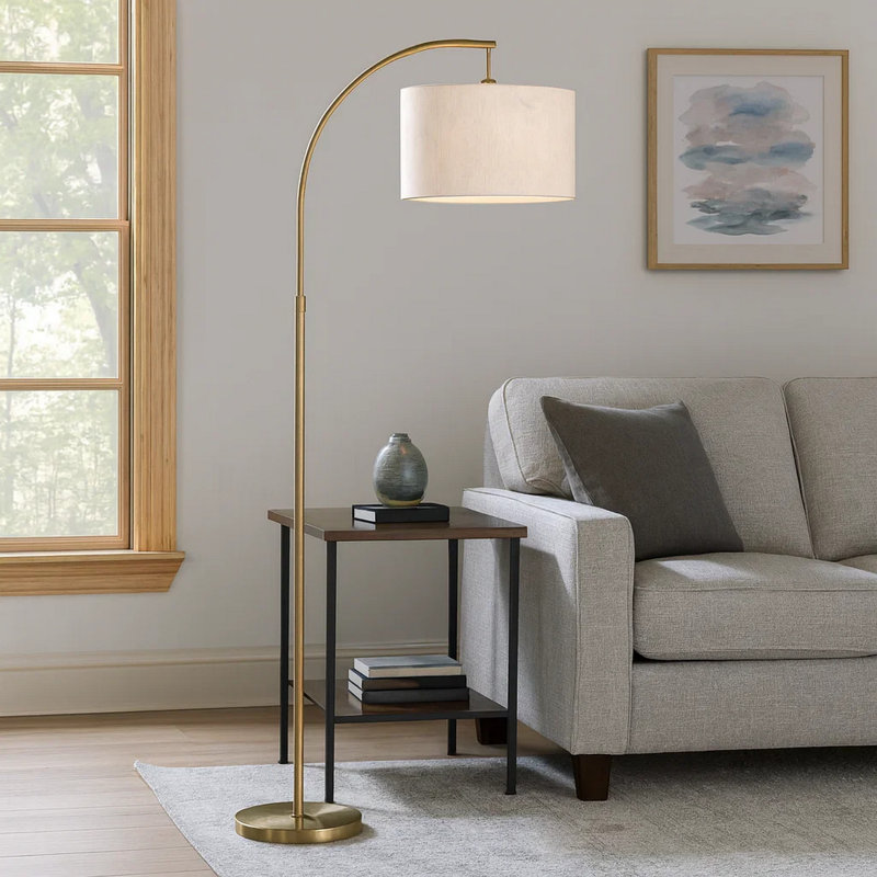 Mylo Floor Lamp, Arched Arm Design, 65 Inch, Accent Metal Frame, Gold
