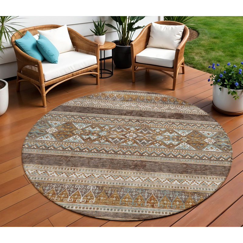 Tapis rond lavable d'extérieur 8 pi chocolat et gris Southwestern