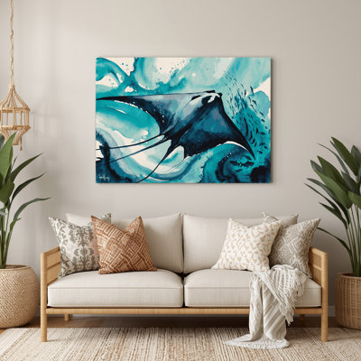 Art mural bleu en métal Coastal Manta Ray Glide