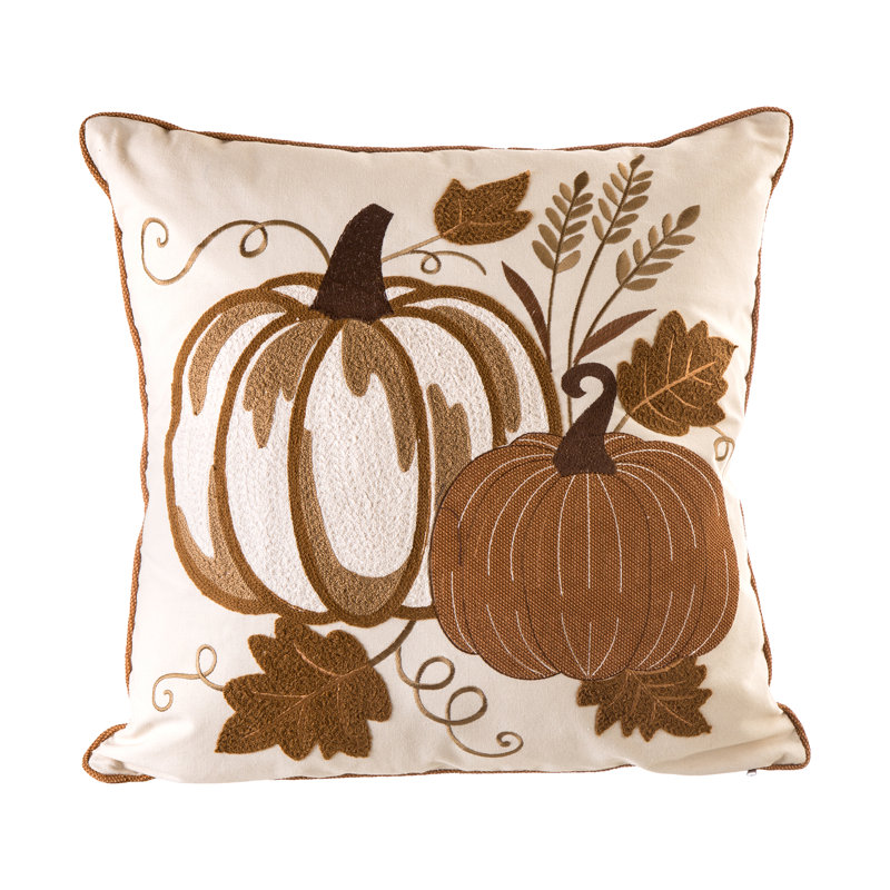 18x18 Beige Cotton Polyester Embroidered Pumpkin Throw Pillow