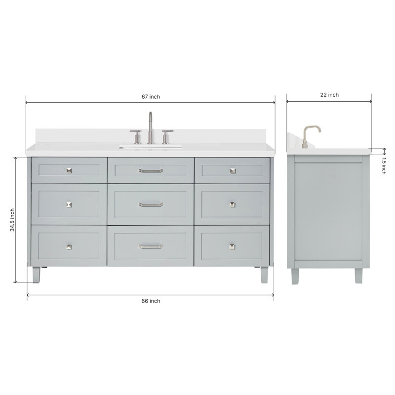 ARIEL Monroe 48 Single Sink Bathroom Vanity with Carrara Quartz Top, Gray, Pure White Quartz, 67"