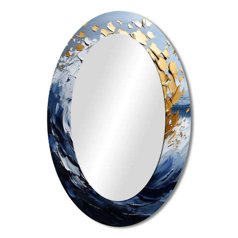 Miroir décoratif abstrait ovale doré et bleu Turbulent Waters II, 36 po x 24 po