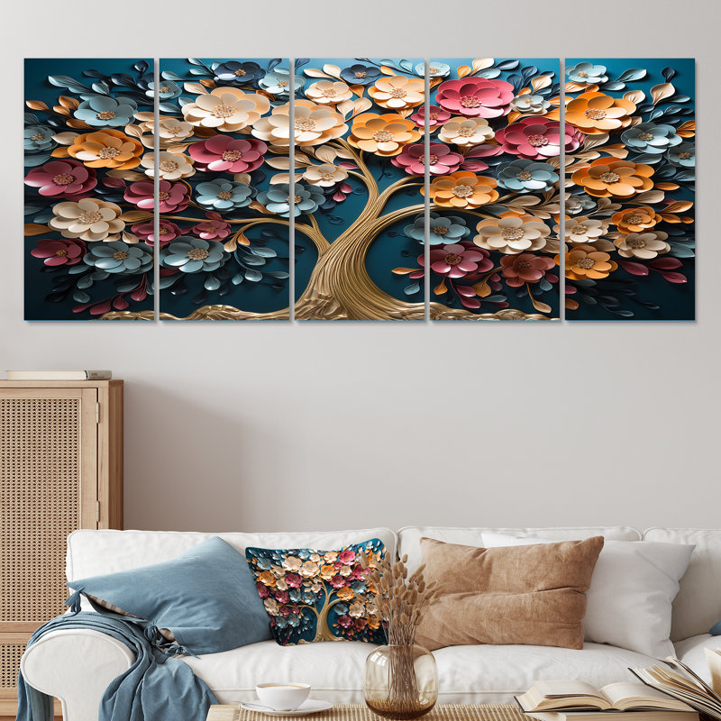 Orchidée dorée colorée, jardin de branches V - arbre, art mural sur toile 5 pièces, H 28 po x l 60 po