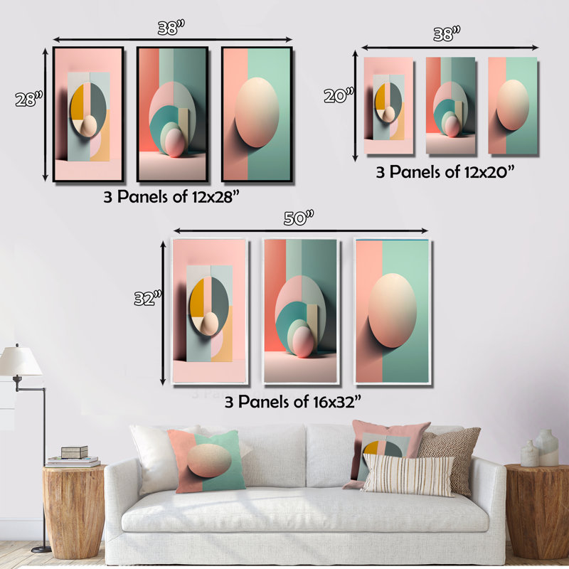 «Geometric Dreaming Retro Minimalisme en rose V», 3 pièces sur toile, Cadre flottant blanc, H 20 po x l 36 po