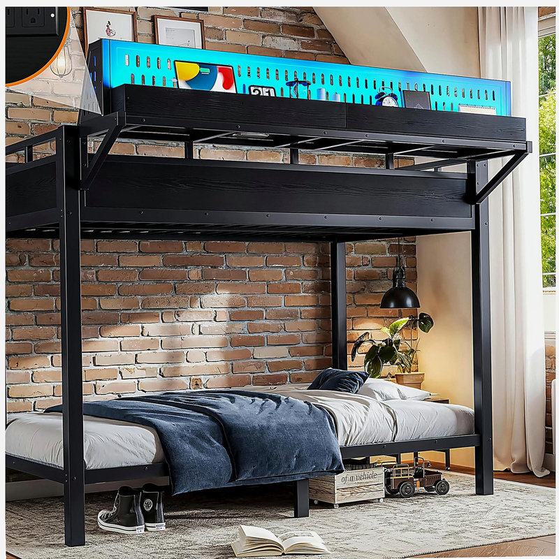Twin XL over Twin XL Size Metal Bunk Bed with Storage Shelves and Pegboard, Bunk Bed Frame with USB Ports and LED Lights, Space-Saving, for Teens and Adults, Black