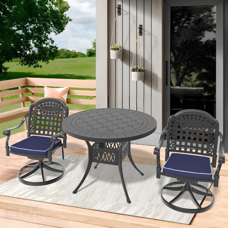 Ensemble de salle à manger 3 pièces en aluminium coulé résistant aux intempéries avec chaises pivotantes et table ronde, élégant et durable pour l'extérieur