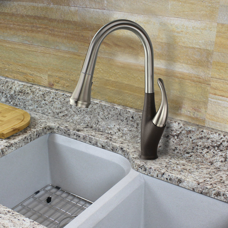 Robinet de cuisine à poignée simple pull out Layla, Acier inoxydable de luxe / Espresso