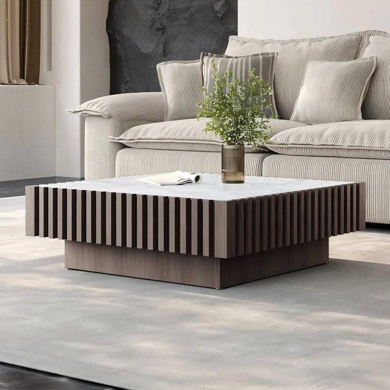34'' Square Coffee Table, Central Table with 1 Drawer and Vertical Wood Strip Decoration, No Assembly Needed