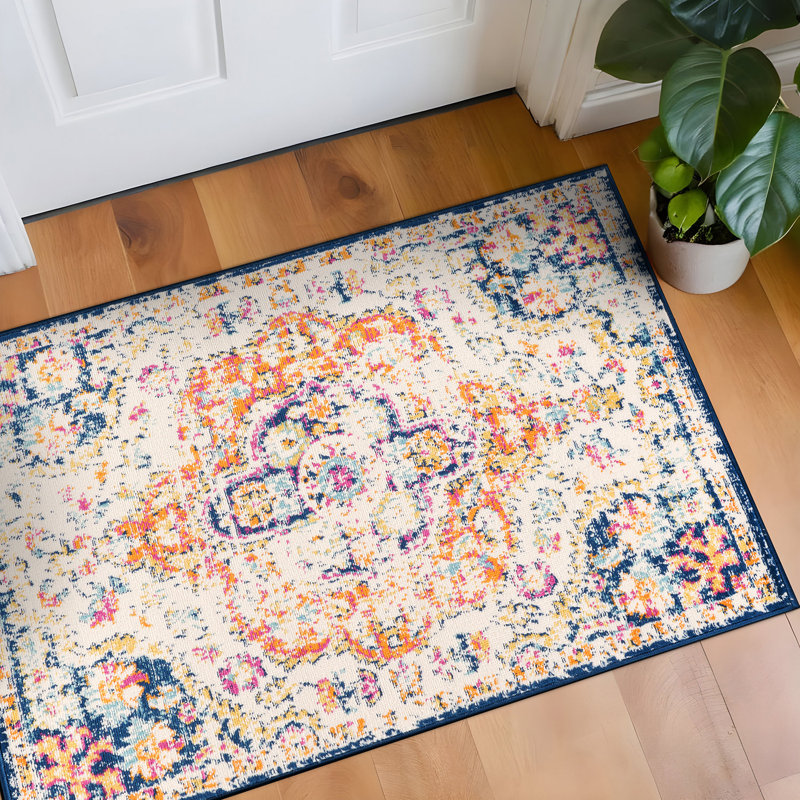 Beverly Oriental Orange/Blue/Cream Area Rug, Rectangle 2'7" x 4'