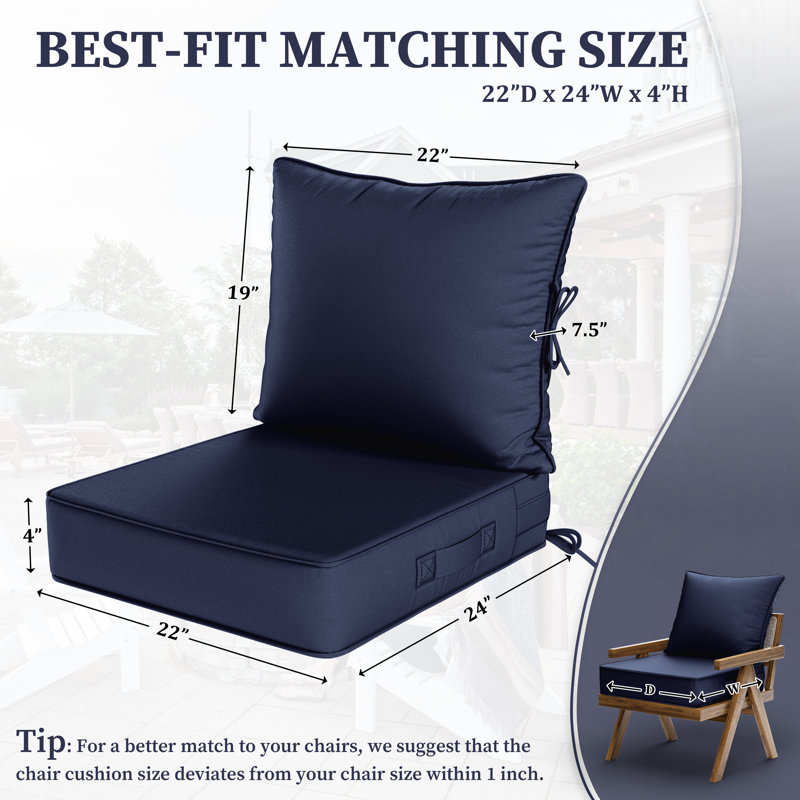Outdoor Deep Seating Cushion Set Indoor And Outdoor Seat / Back Cushion, Navy, 22" W x 22" D