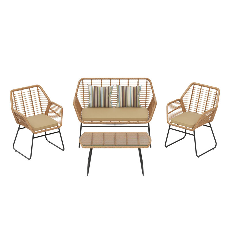 Ensemble de conversation en rotin avec coussins 4 pièces Marilla, Beige