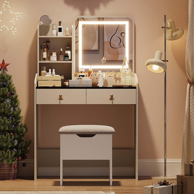 LED Lighted Vanity Desk with Charging Station, Small Makeup Table Set with Drawers & Storage Stool