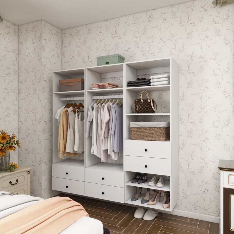 White Modular Walk in Closet Organizer System with 2 rods 7 shelves and 6 drawers