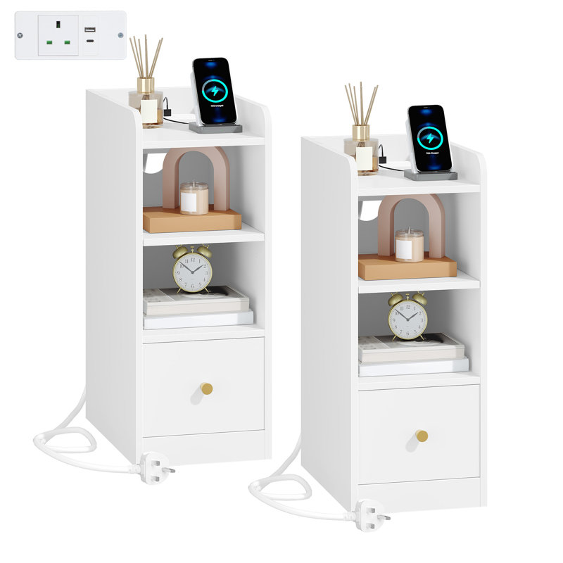 Slim Bedside Tables Set of 2 with Charging Station, Narrow Bedside Cabinet with Drawer, USB & Type-C Ports, Nightstands with Adjustable Shelves for Bedroom, Living Room 