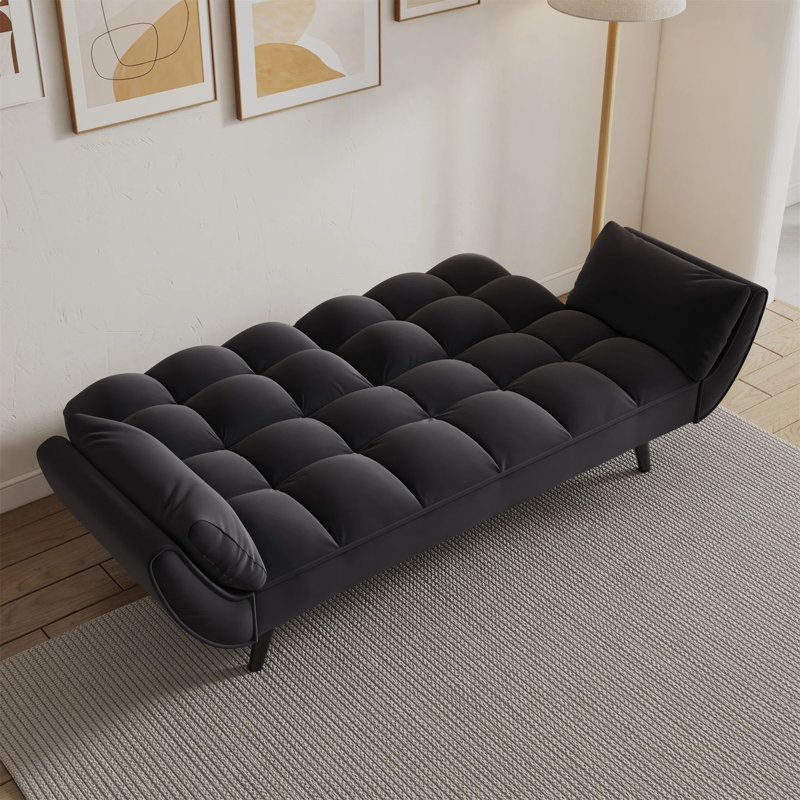 Esung75" Grid Tufted Futon Convertible Sofa Bed for Home Office, 2 Arm Pillows, Velvet, Black Velvet