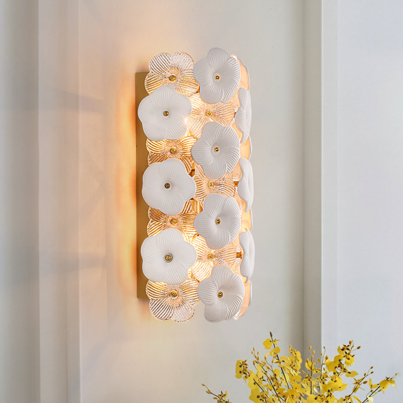 2-Light Gold Wall Sconce With White And Clear Textured Floral Glass Shades, White/Clear