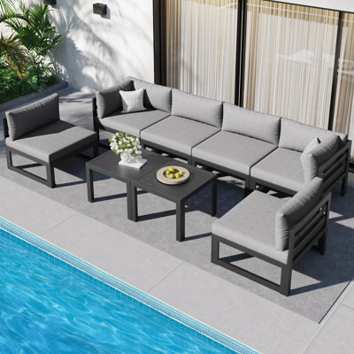 Gilemette 8-Piece Modern Aluminum Outdoor Sectional Seating Group with Cushions & Coffee Table, Rust-Resistant Patio Conversation Set