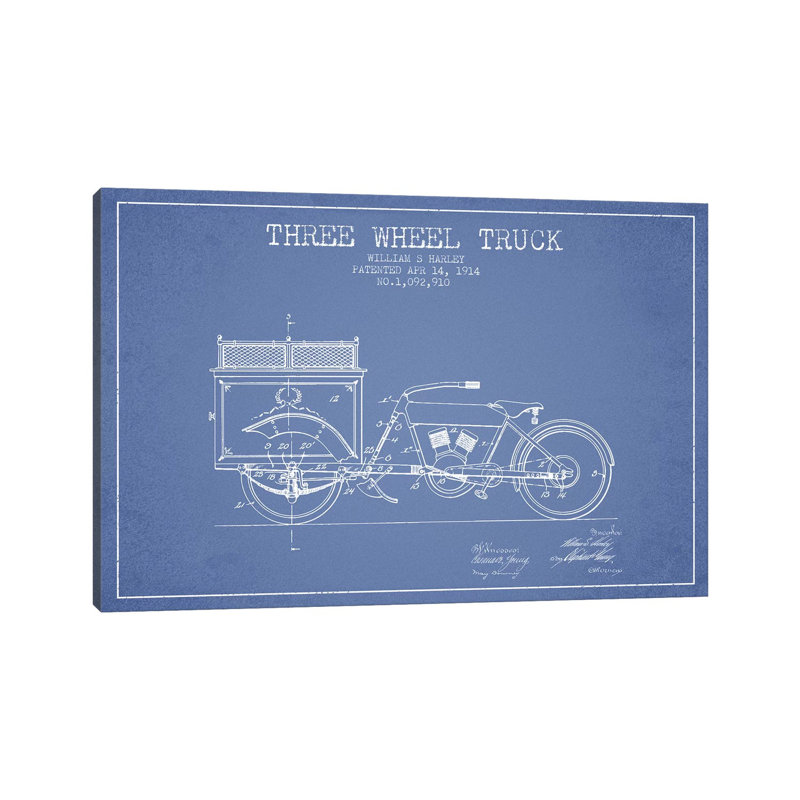 William S. Harley Three Wheel Truck Patent Sketch (Light Blue) by Aged Pixel - Wrapped Canvas Print