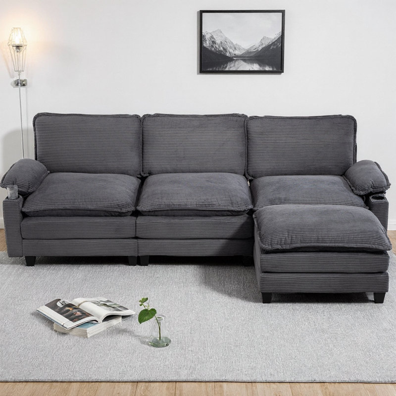 113" Modern L-Shaped Corduroy Sectional Sofa with Ottoman, 3+1 Seater Cloud Couch featuring 35D High-Resilience Sponge, Cup Holders & Storage Bags, Double-Layer Thick Cushion