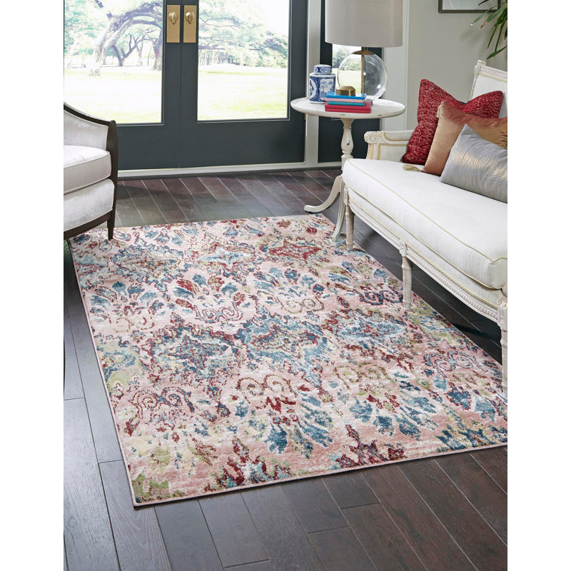 Tapis rose Ikat, Rectangle 4 pi 1 po x 6 pi 1 po