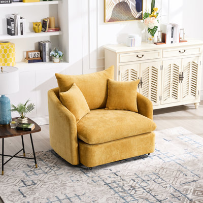 Fauteuil pivotant jaune à 360° avec 3 coussins, style moderne, chenille respirante, pour se détendre au salon, coussins amovibles, entretien facile, montage rapide, tissu chenille, idéal