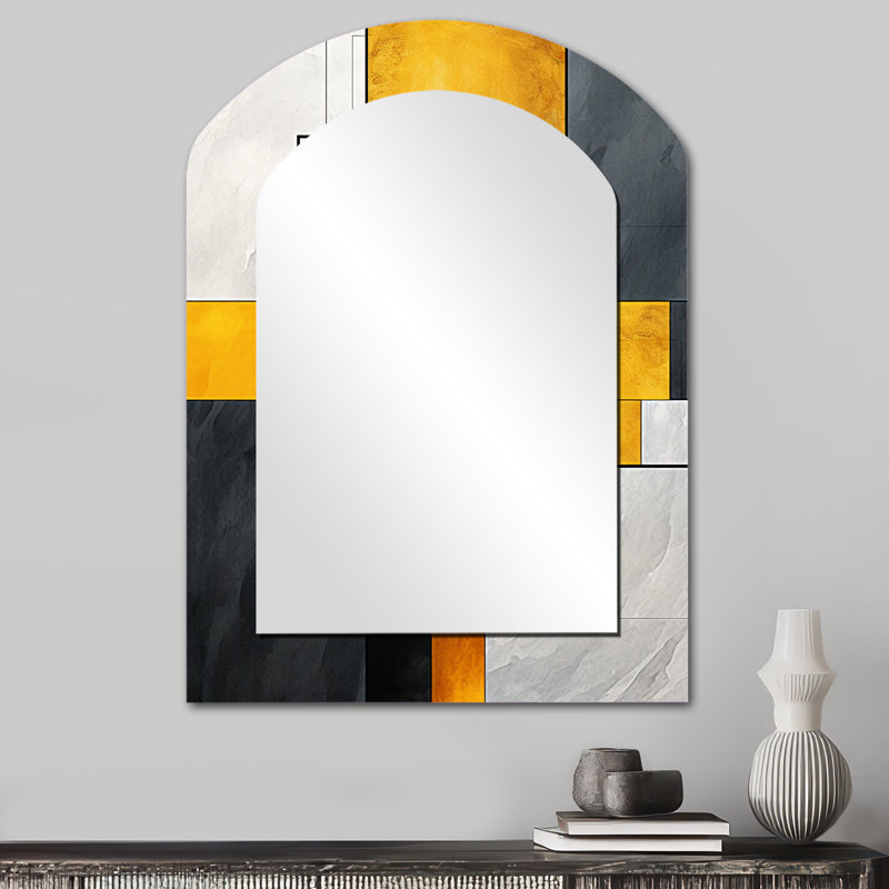Jaune et gris géométrique fusion 4 - miroir mural unique arche géométrique, miroir asymétrique moderne, impression d'art en métal