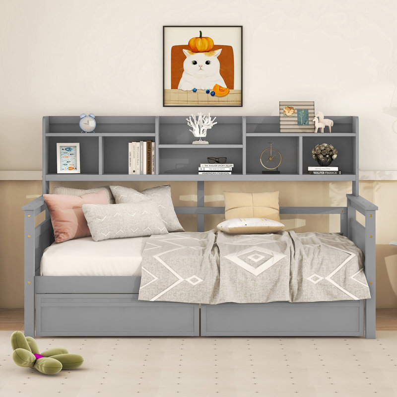 Lit de jour moderne simple avec tablettes de chevet et deux tiroirs, Gris