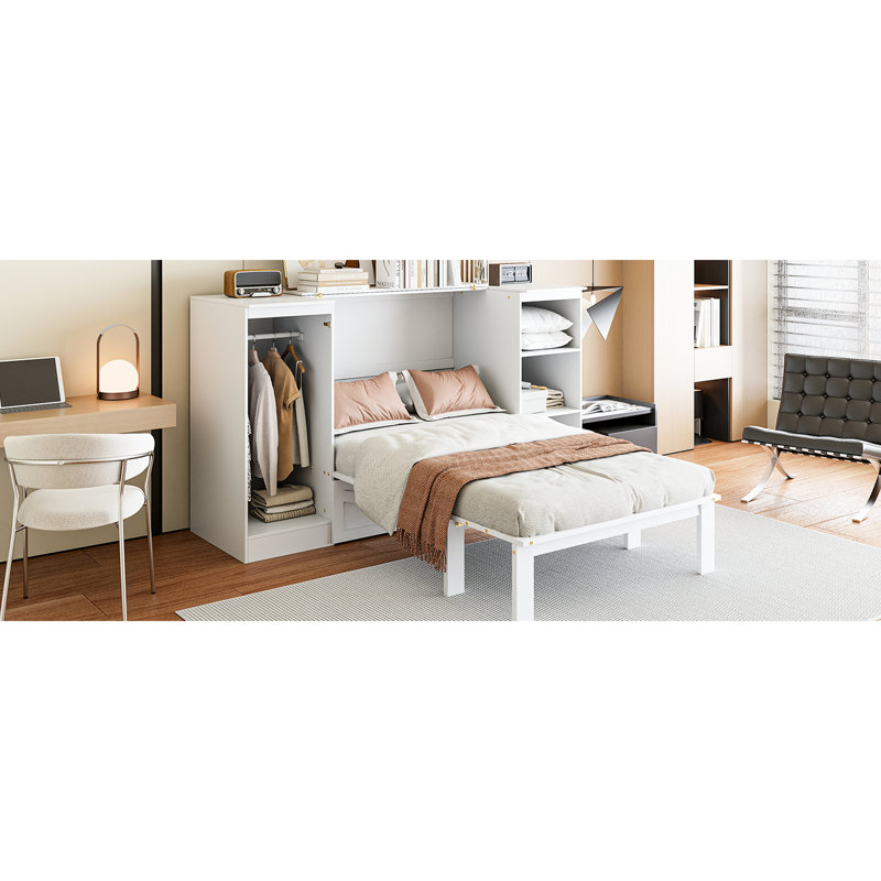 Lit simple en blanc avec rangement de chevet et garde-robe