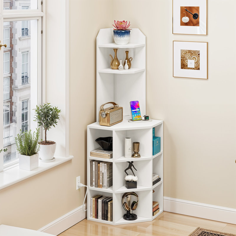 White 6 Tier Corner Ladder Bookcase with 12 Cubes, Built In Power & USB Charging Freestanding Corner Organizer with Anti Tip Stability