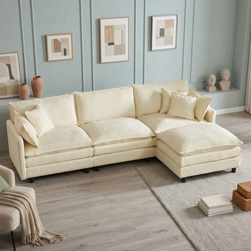 Canapé modulaire à trois places avec repose-pieds et coussin, Beige