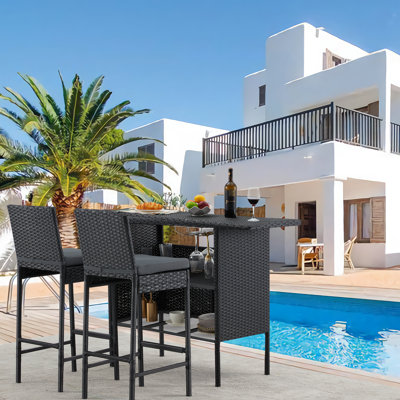 3-Piece Patio Bar Set With Wicker Bar Chairs & Outdoor Bar Table