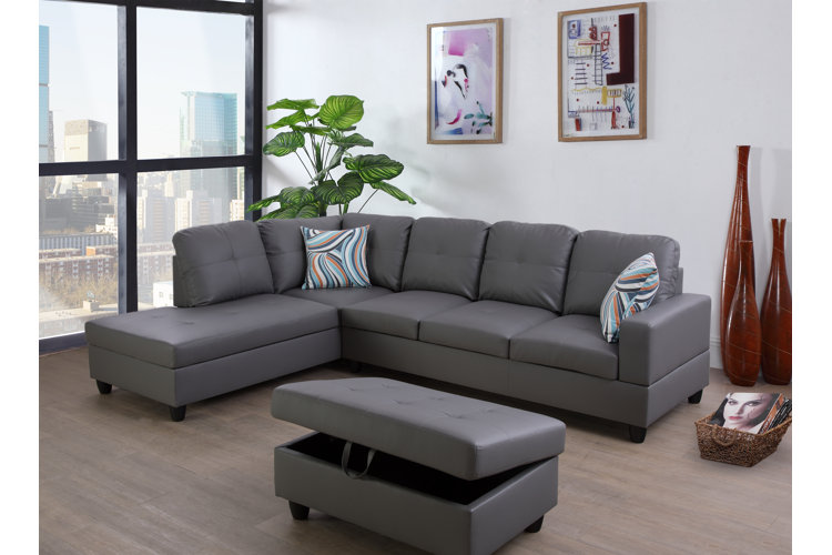 Maumee 103.5" Wide Faux Leather Sofa & Chaise with Ottoman