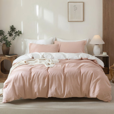 Ensemble de housse de couette 100% coton lavé Solayne avec texture de faux chanvre, couleur unie, fermeture à glissière et attaches de coin