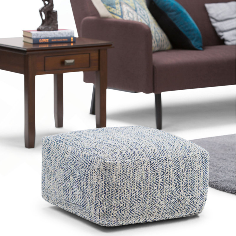 Pouf carré en tissu tissé à chevrons, Bleu clair