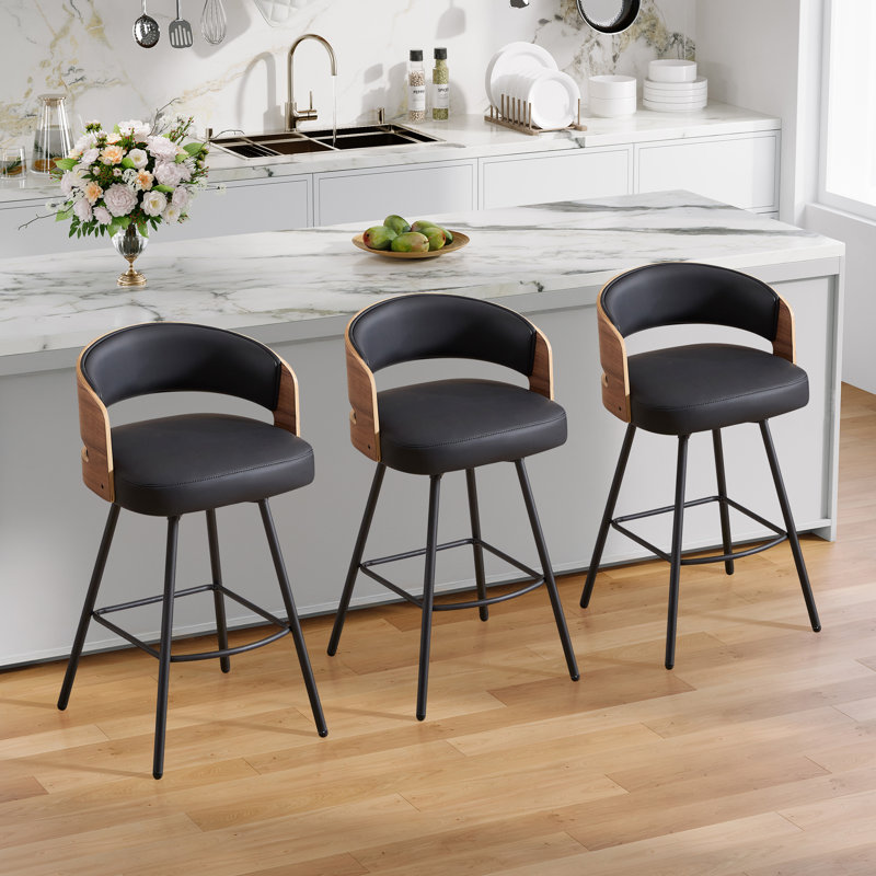 Tabouret de comptoir pivotant en faux cuir 26,77 po avec dossier en bois cintré, Noir
