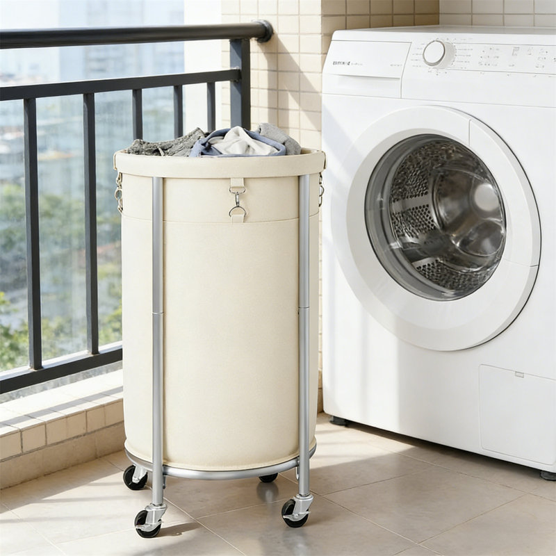 Laundry Cart, Wheeled Laundry Basket, 110 Liter Rolling Laundry Basket, Circular Laundry Cart, Steel Frame Structure, With Detachable Bag, 4 Casters And 2 Brakes, Suitable For Hotels, Homes, Wardrobes, Dormitories, Etc