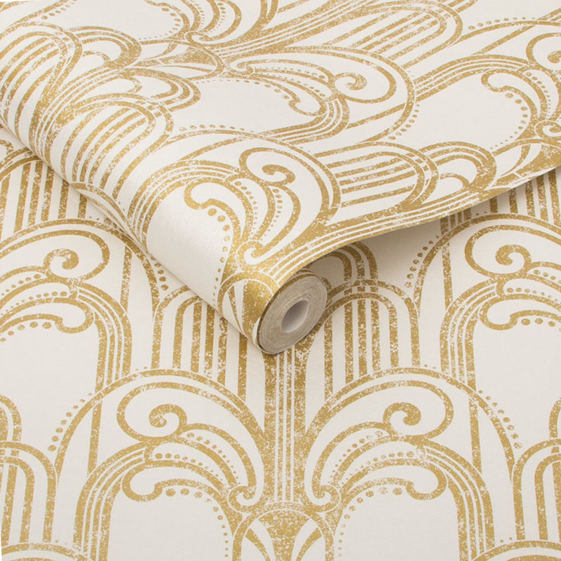 Damask Metallic Wallpaper Roll, Gold/Pearl