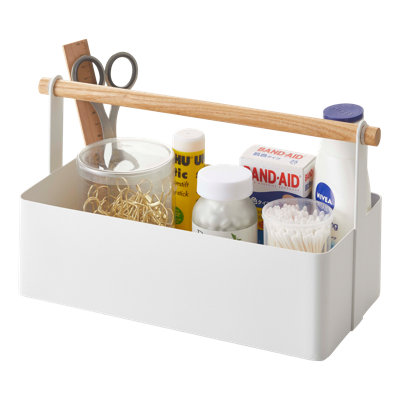 Yamazaki Home Tosca Storage Basket - Wood Handle Organizer - Steel + Wood In White,natural