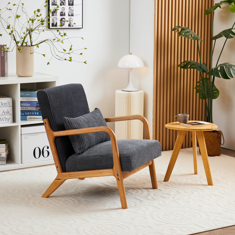 Mid-Century Modern Accent Chair with Pillow, Upholstered Arm Chair, Antique Dark Gray, Natural