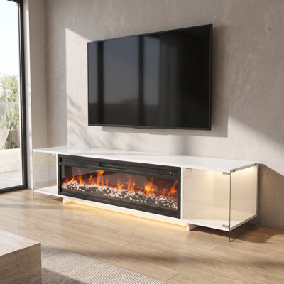 Meuble télé noir lustré de 180 cm avec foyer électrique de 117 cm, portes vitrées et éclairage d'ambiance
