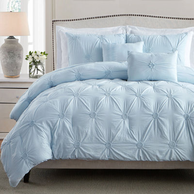 Floral Pintuck 3PC Comforter Set, Soft Microfiber, Pastel Colors, Lightweight Bedding Set